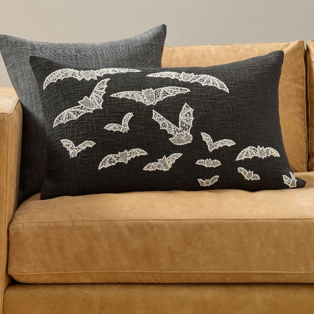 Beaded Bat Embroidered Lumbar Pillow - PB
